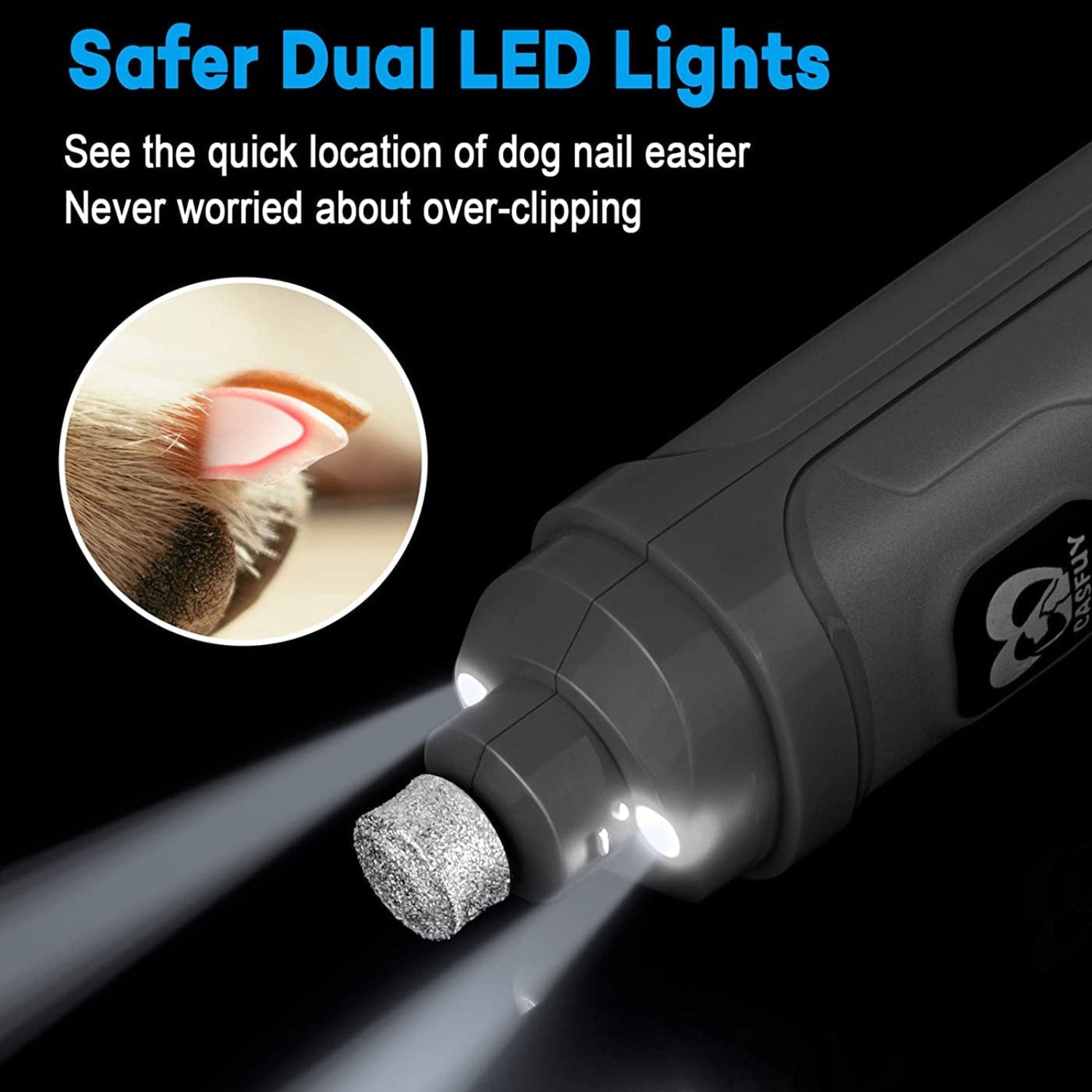 Dog Nail Grinder with 2 LED Light - New Version 2-Speed Powerful Electric Pet Nail Trimmer Professional Quiet Painless Paws Grooming & Smoothing for Small Medium Large Dogs and Cats (Grey)